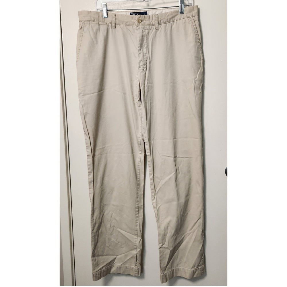 Polo Ralph Lauren Men's Flat Front Beige Chinos Khakis 34x32.5 Vintage Emb. Pony